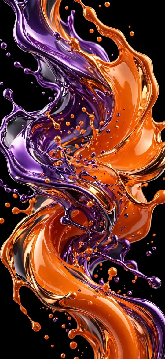Orange and purple glossy liquid splash with droplets on a black background