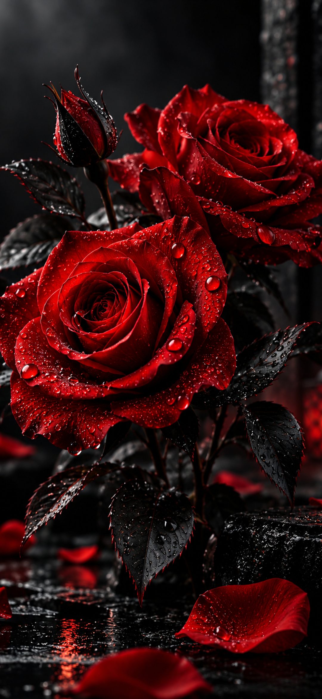 Red roses with water droplets and dark leaves on a wet black surface