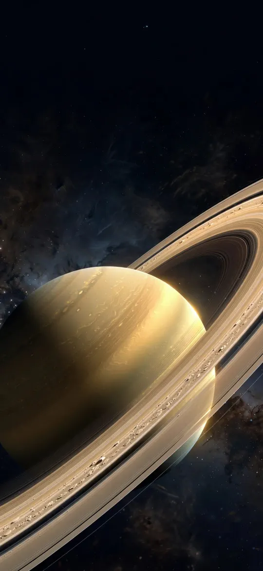 Golden planet Saturn with its rings against dark starry space
