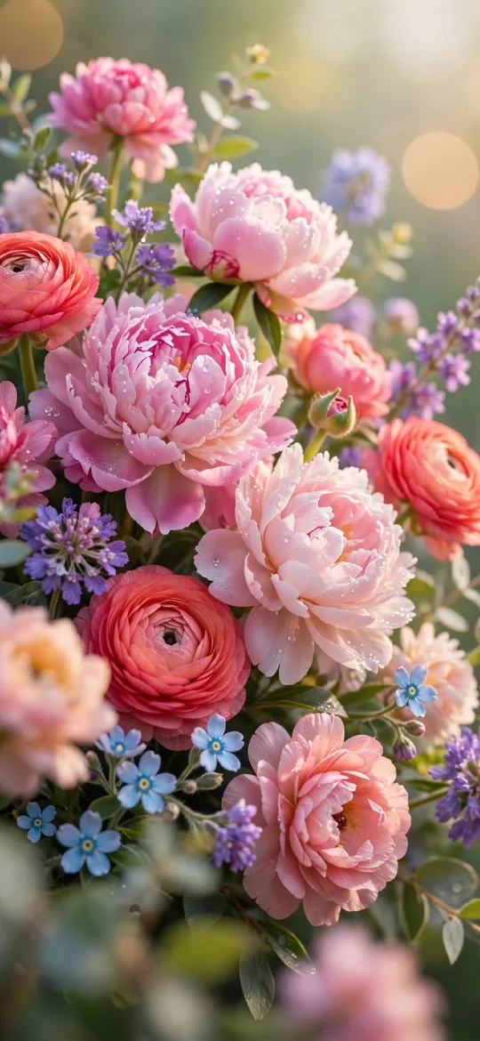 Pink peonies, coral ranunculus and small blue flowers with dew and soft bokeh