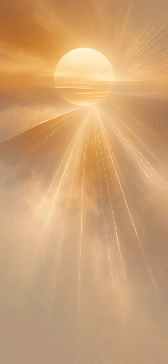 Pale golden sun with light rays streaming through hazy amber clouds