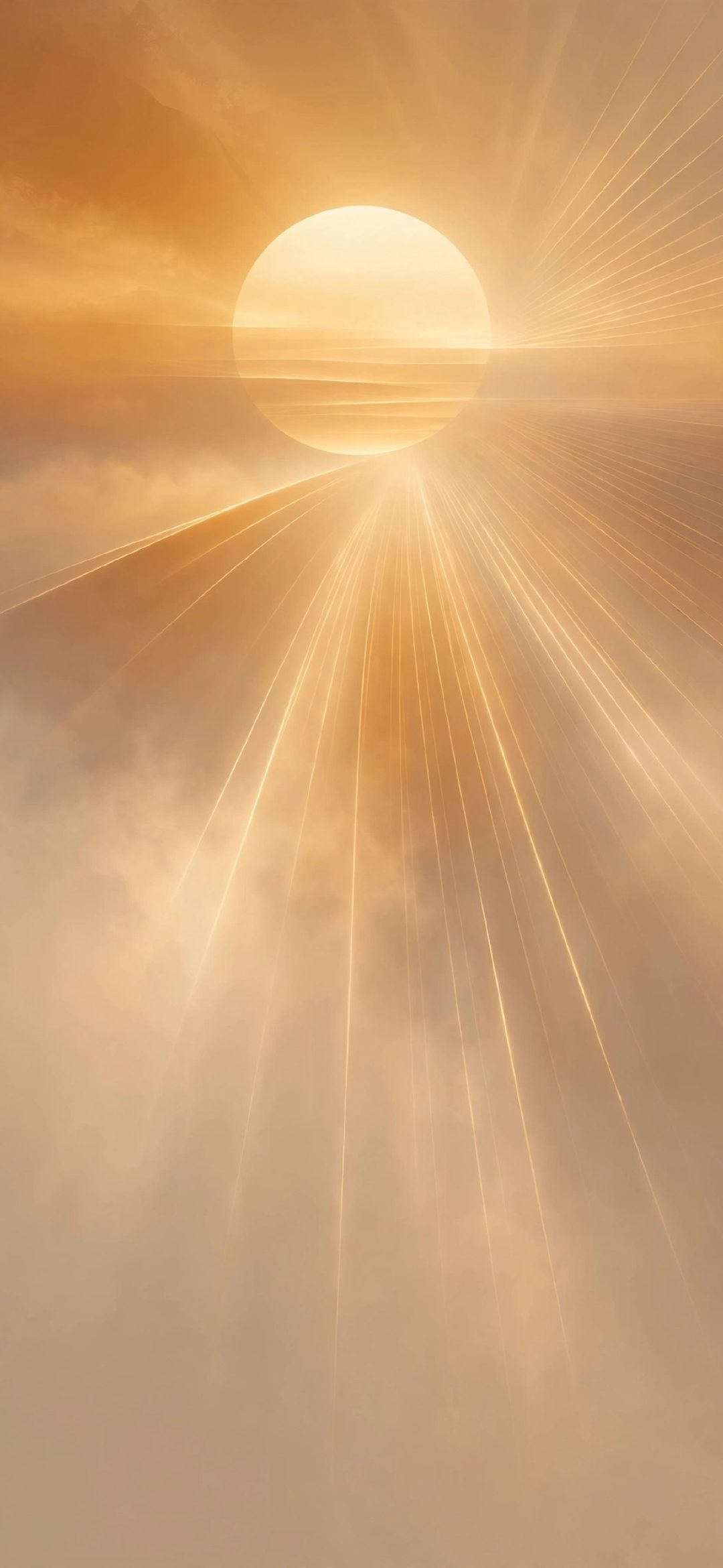 Pale golden sun with light rays streaming through hazy amber clouds