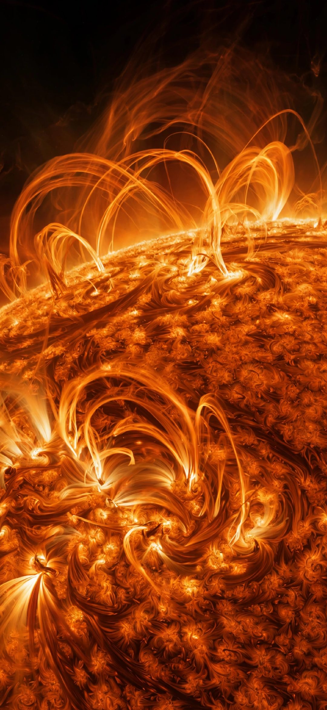 Close-up of the sun's orange surface with glowing magnetic plasma loops