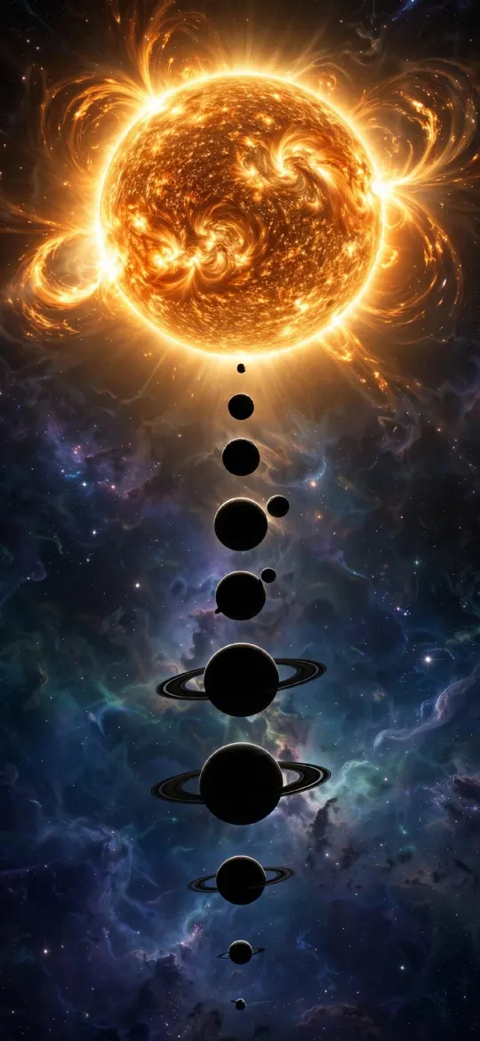 Blazing sun above a vertical line of black planet silhouettes in a nebula