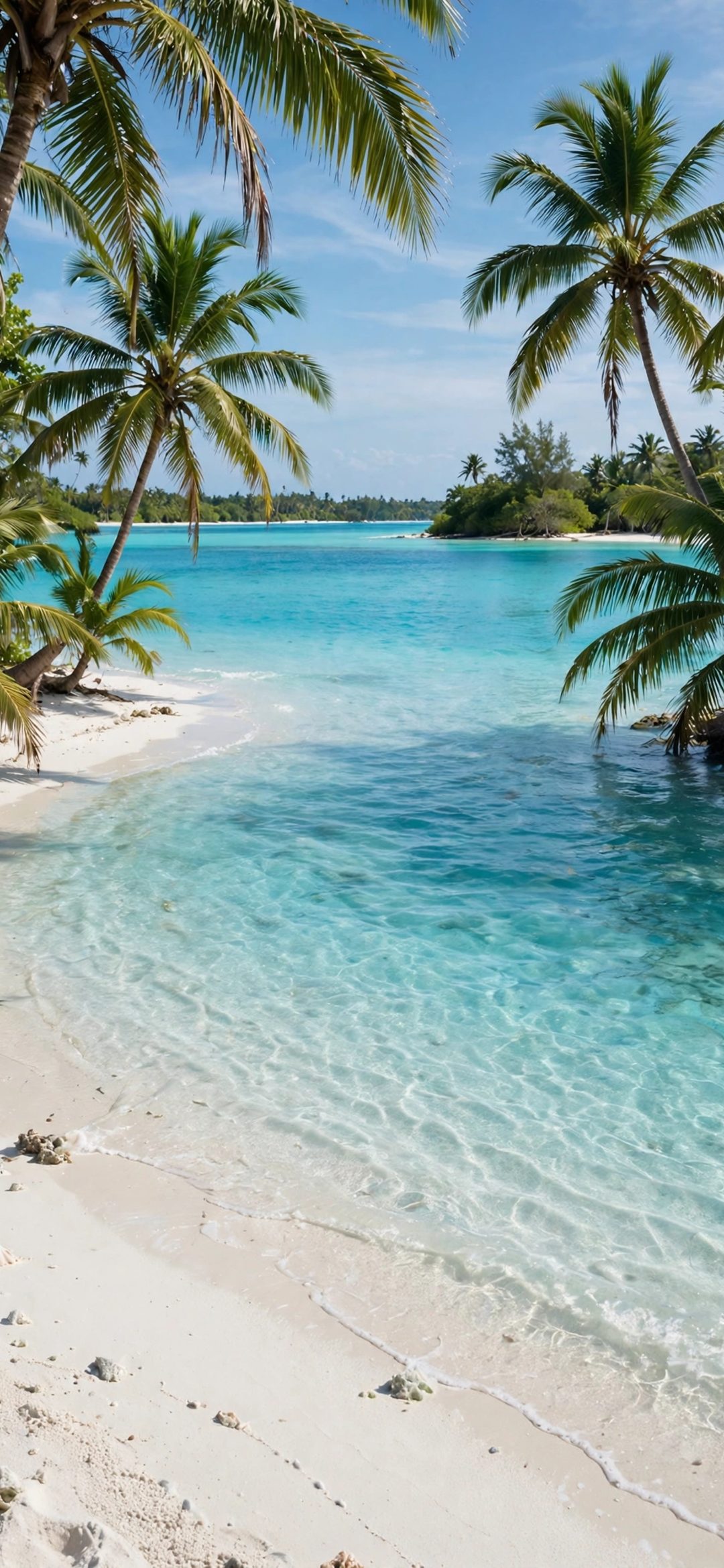 Palm trees over a clear turquoise lagoon with white sand and blue sky