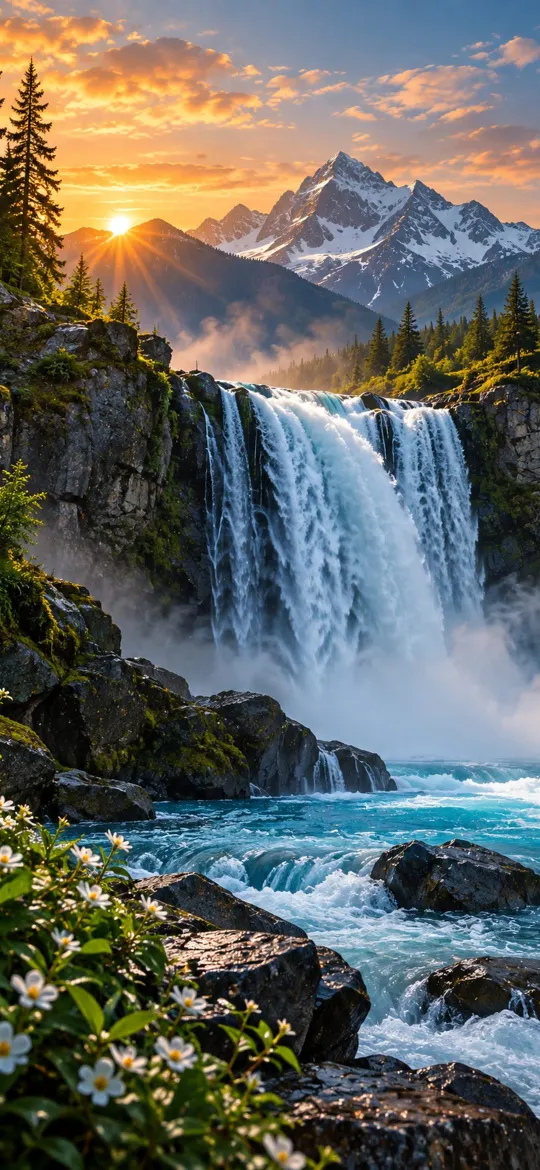 Large waterfall flowing into a turquoise river below snowy mountains at sunrise