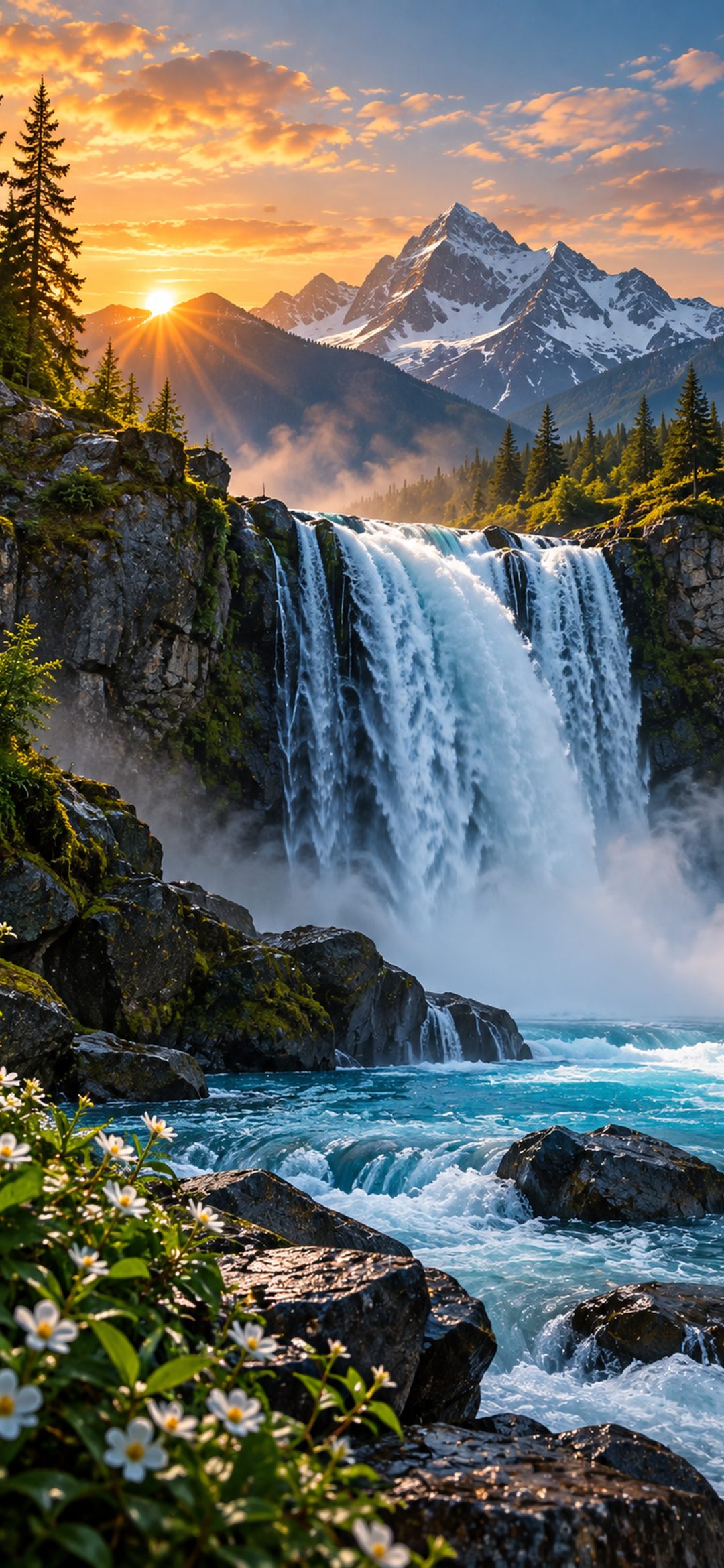 Large waterfall flowing into a turquoise river below snowy mountains at sunrise