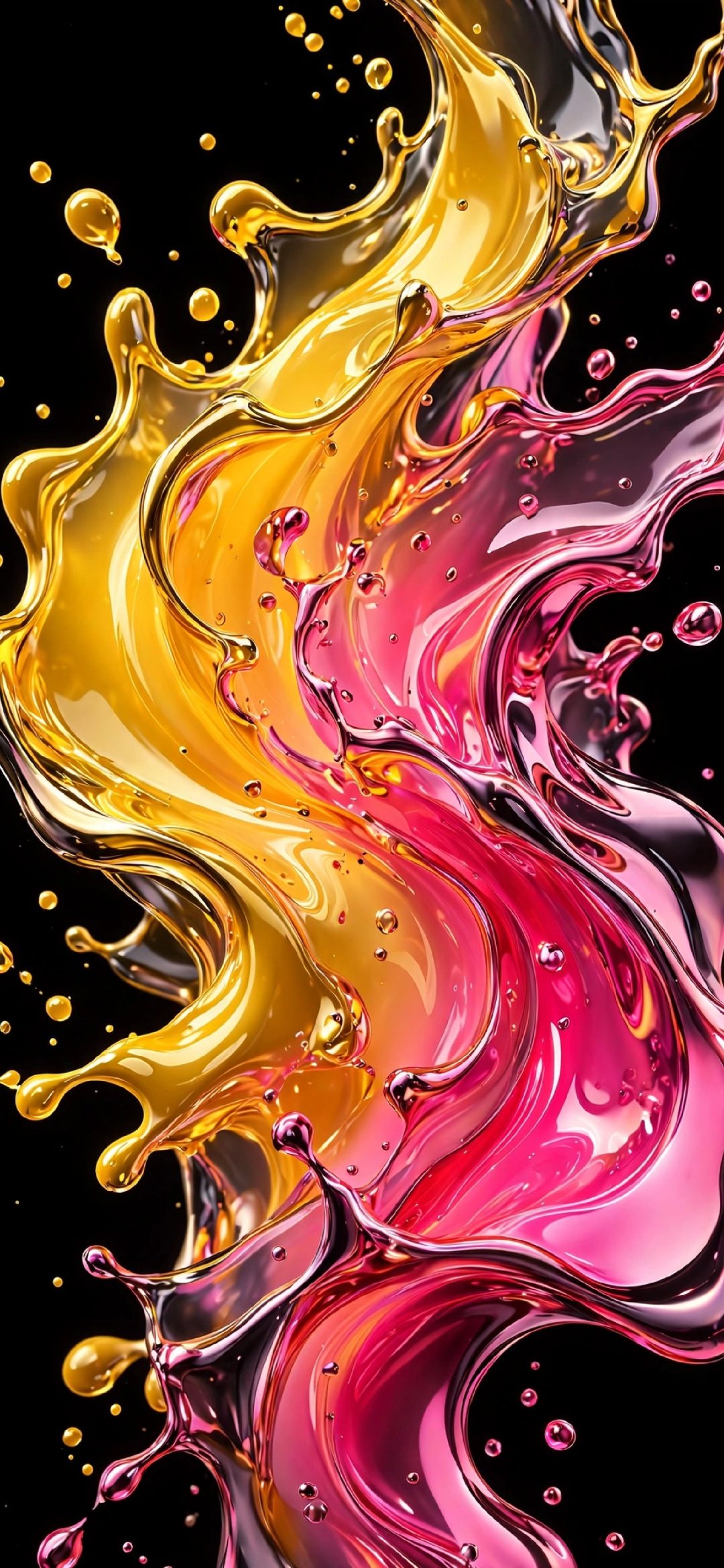 Yellow and pink glossy liquid splash with droplets on a black background