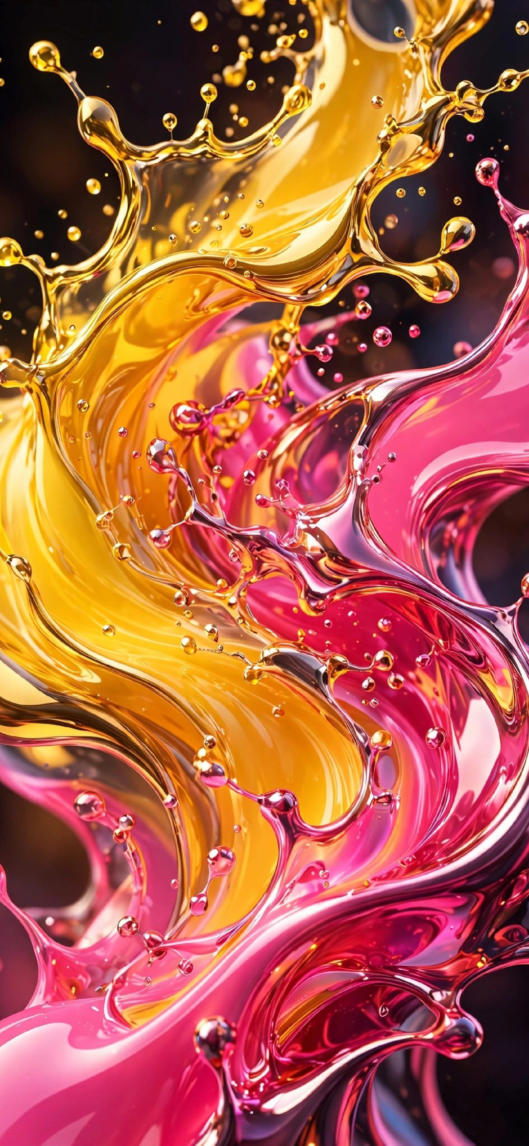 Golden yellow and hot pink glossy liquid splashing together with droplets