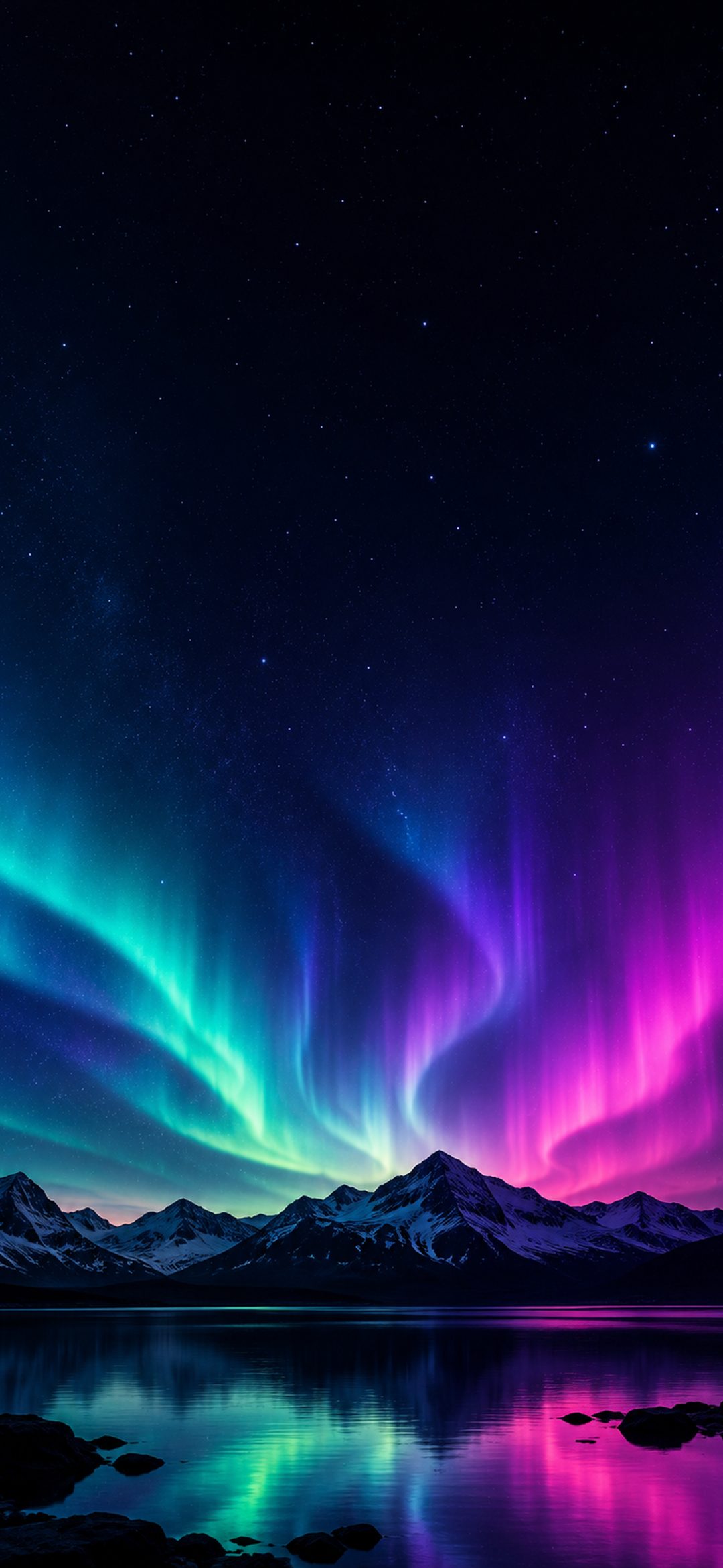 Teal purple aurora glowing over dark mountain silhouettes in a minimalist iPhone wallpaper