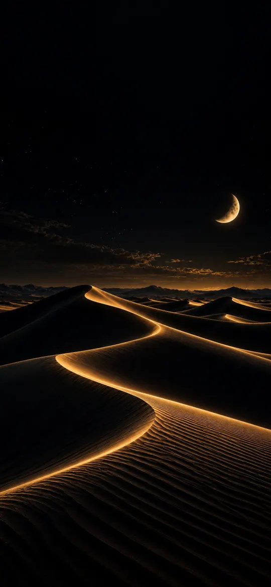 Black sand dunes with glowing gold ridges under a crescent moon