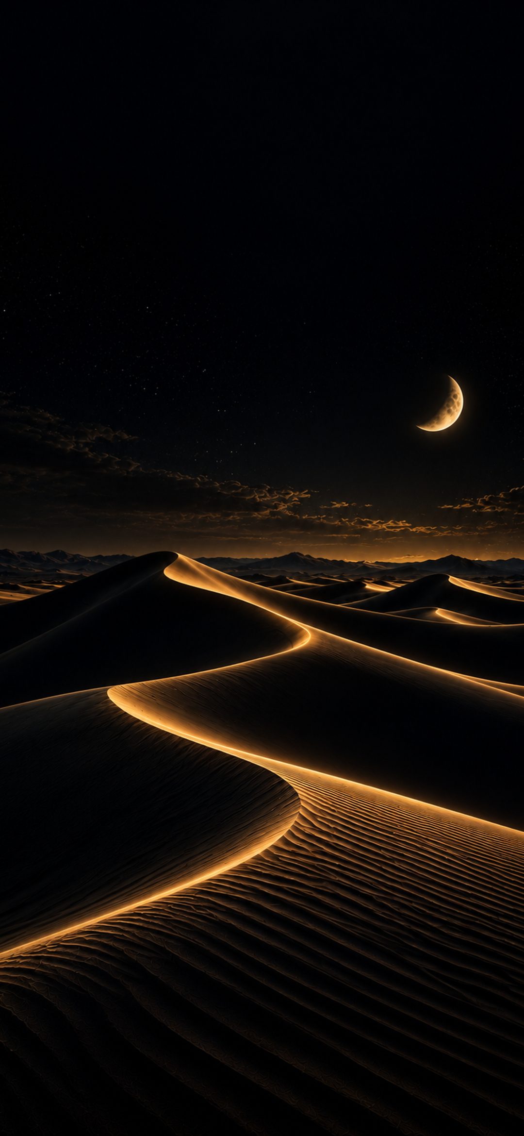 Black sand dunes with glowing gold ridges under a crescent moon