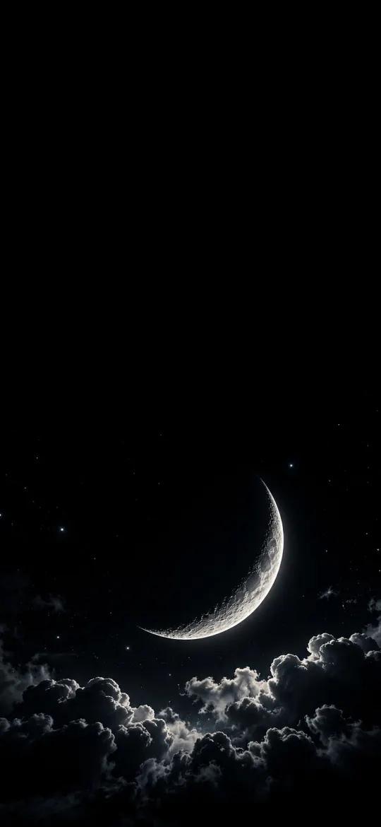 Glowing silver crescent moon with tiny stars on a black minimalist iPhone wallpaper
