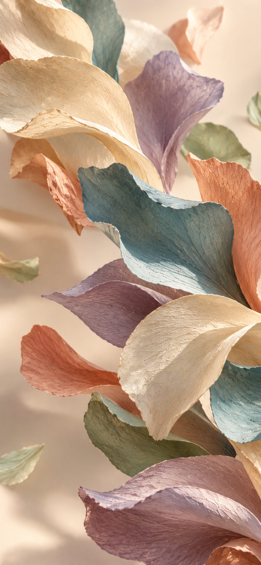 Pastel teal, lilac, peach and cream petals floating against a soft cream background