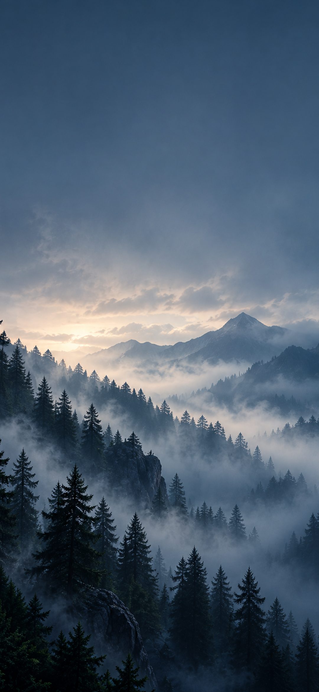 Dark pine forest silhouettes fading into blue-grey mist in a moody iPhone wallpaper