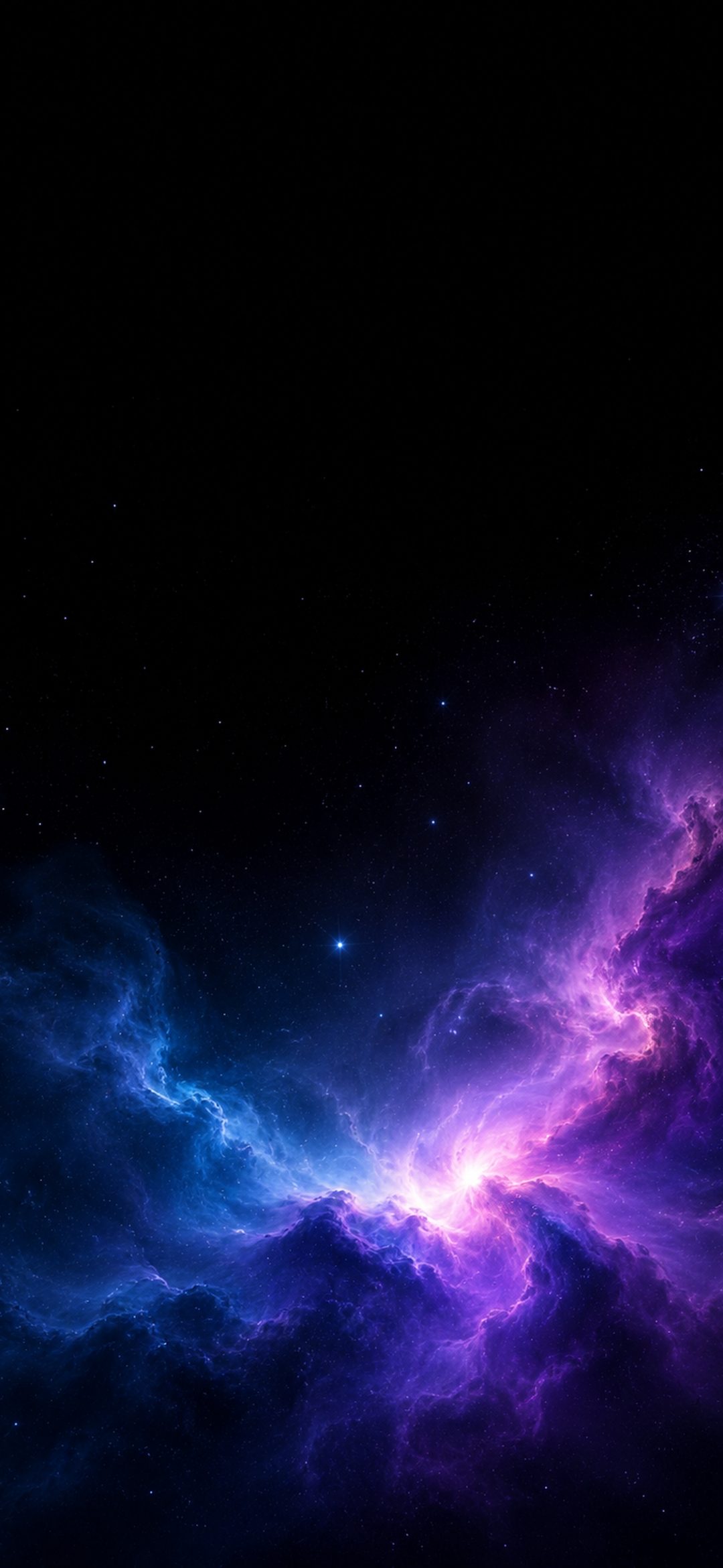 Glowing blue violet and magenta nebula with distant stars on a dark space wallpaper