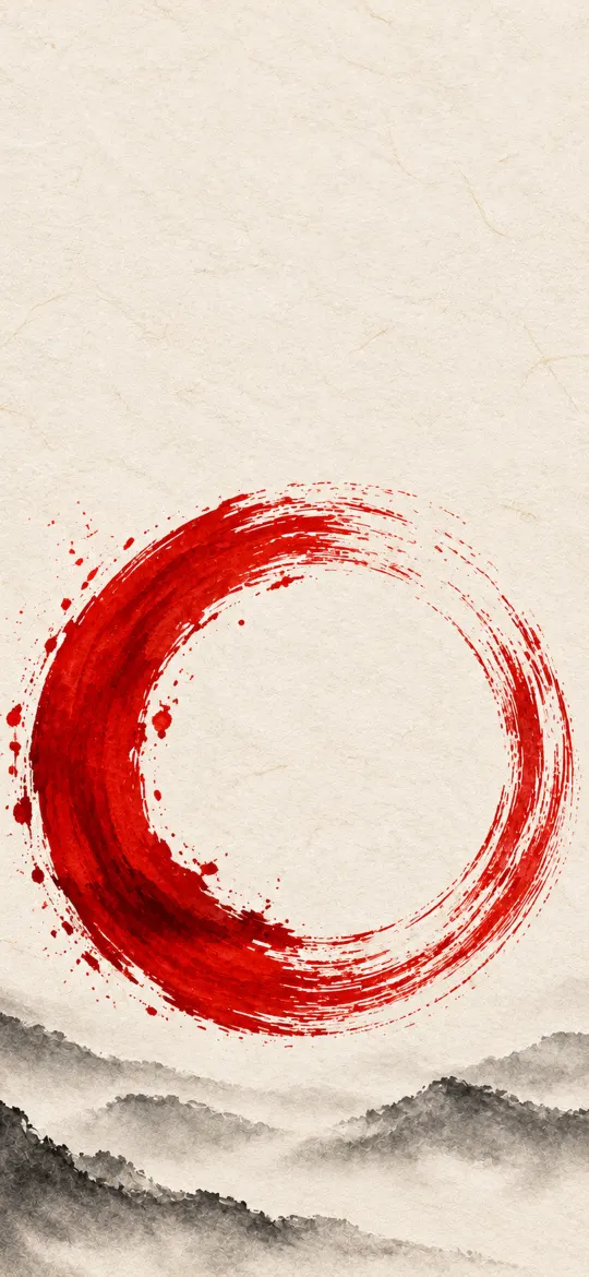 Vermilion red enso brush circle above ink-wash mountains on cream paper