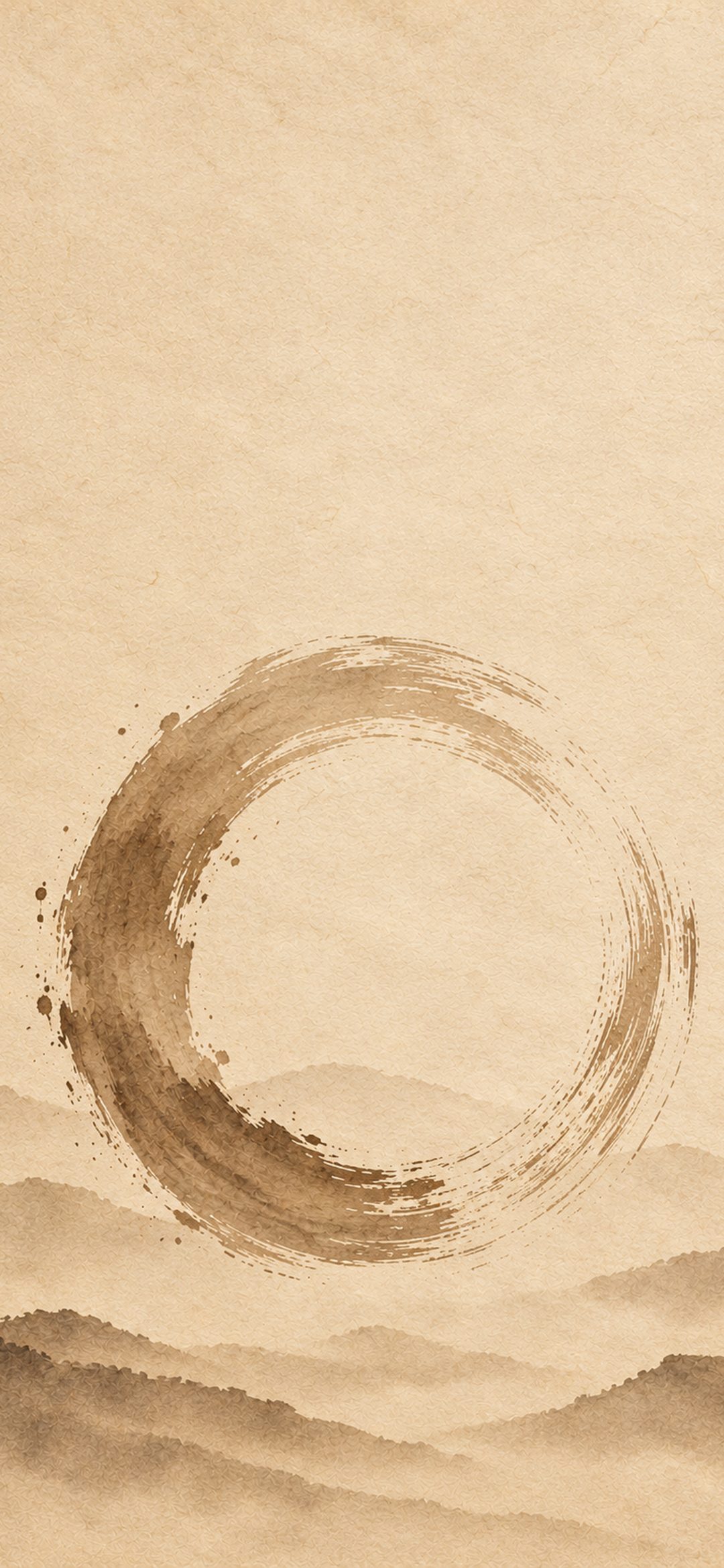 Soft brown brushstroke enso circle on warm beige paper above faint hills