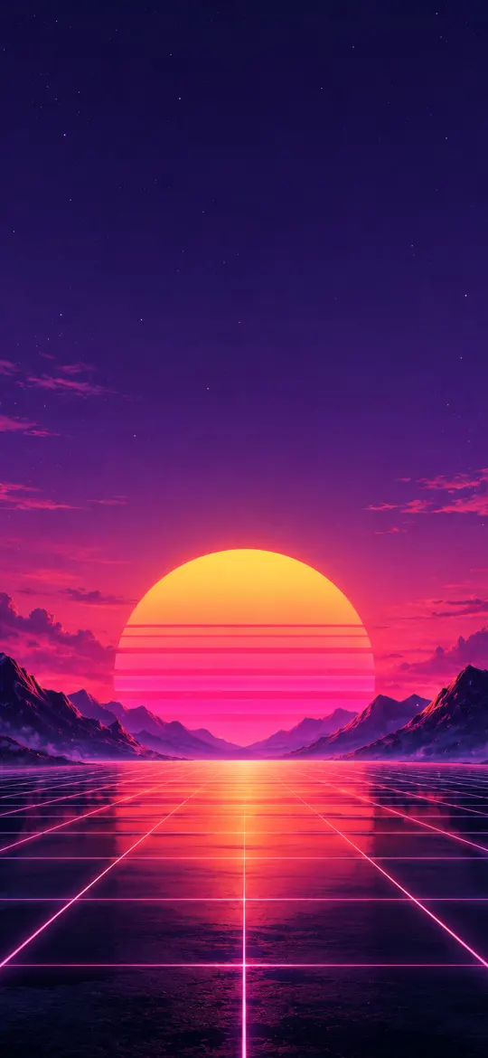 Retro synthwave sun setting behind purple mountains above a glowing neon grid