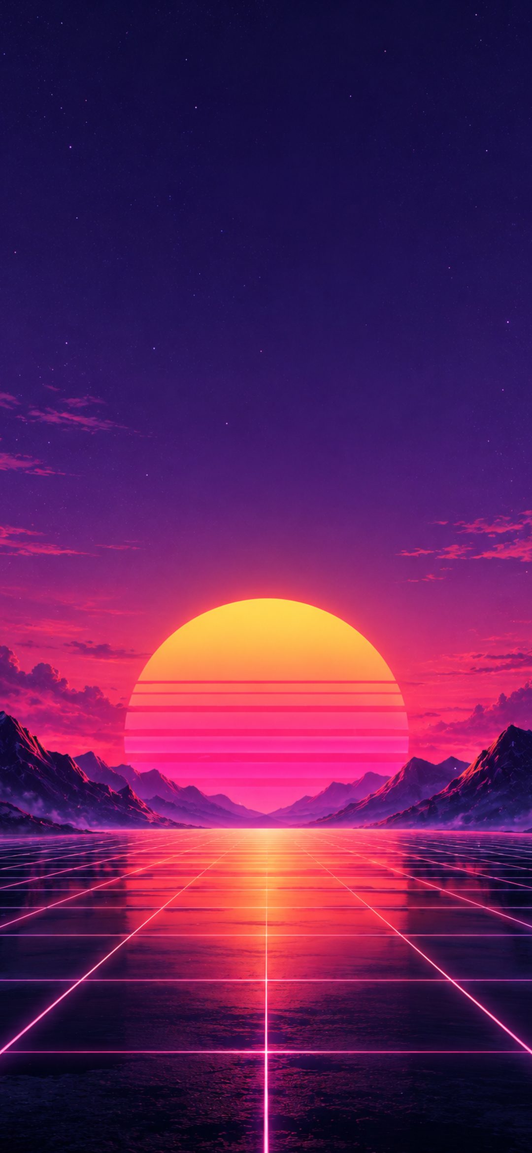 Retro synthwave sun setting behind purple mountains above a glowing neon grid