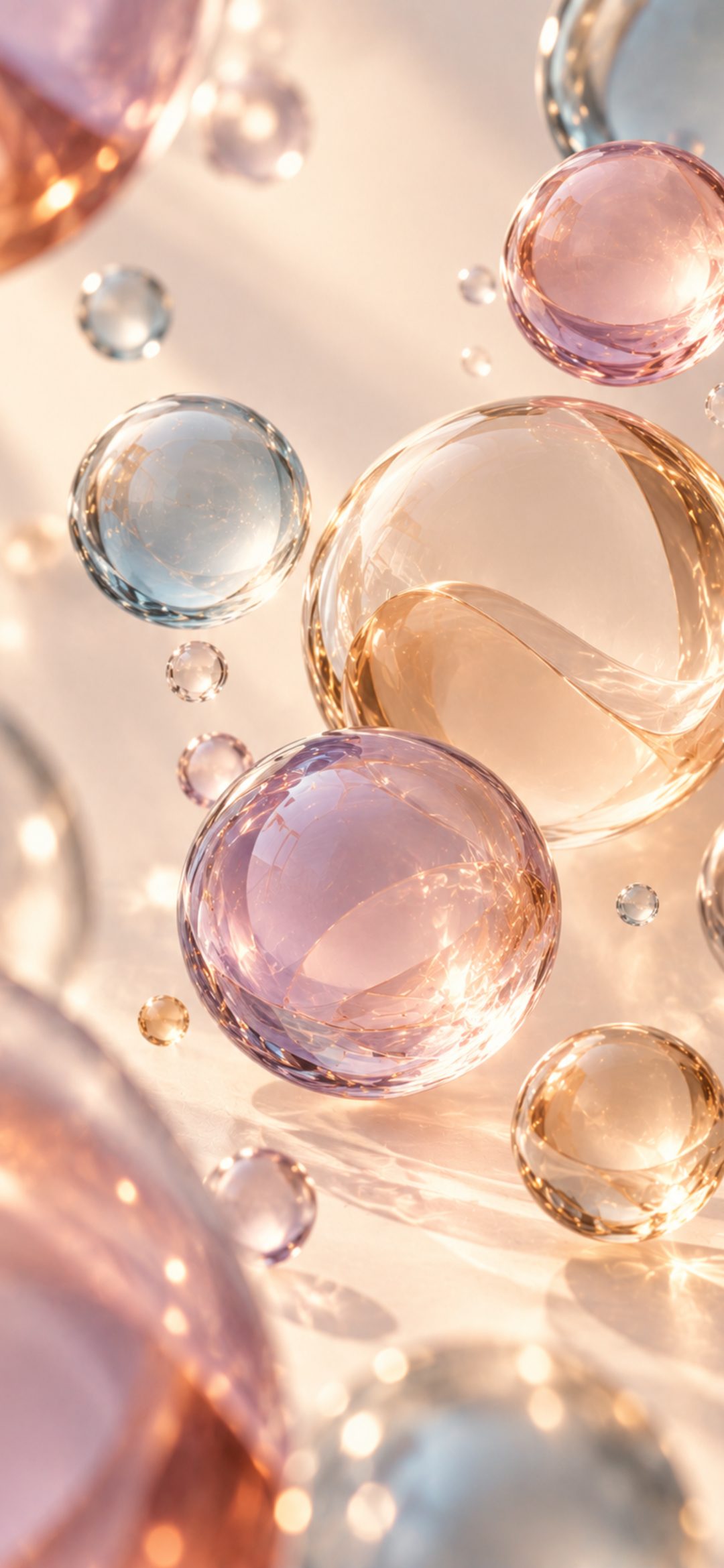 Translucent pink, peach and clear glass bubbles floating on a warm cream background