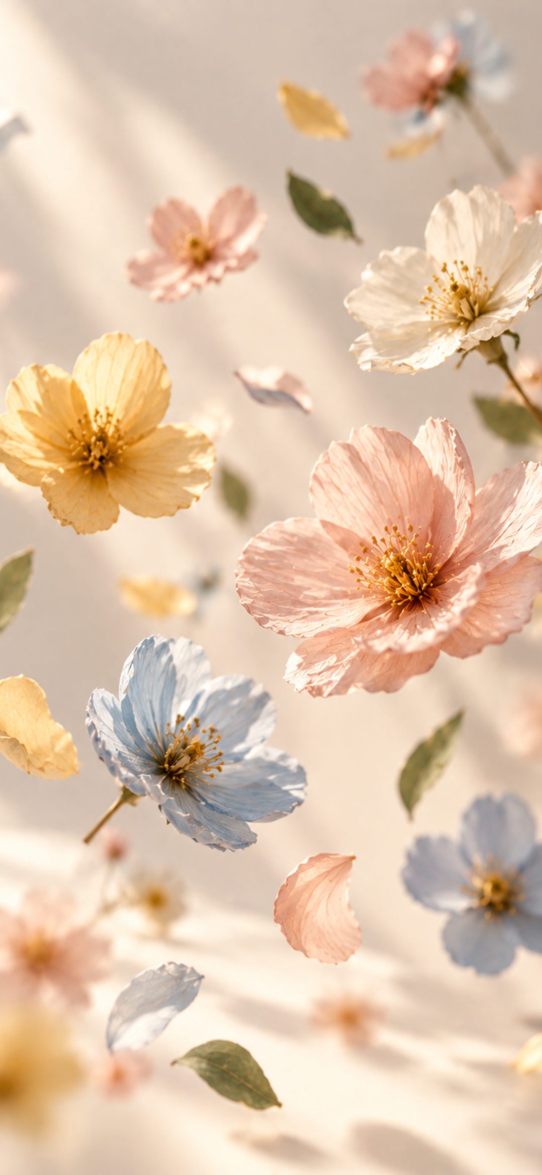 Pastel pink, yellow, white and blue flowers and petals floating on a cream background