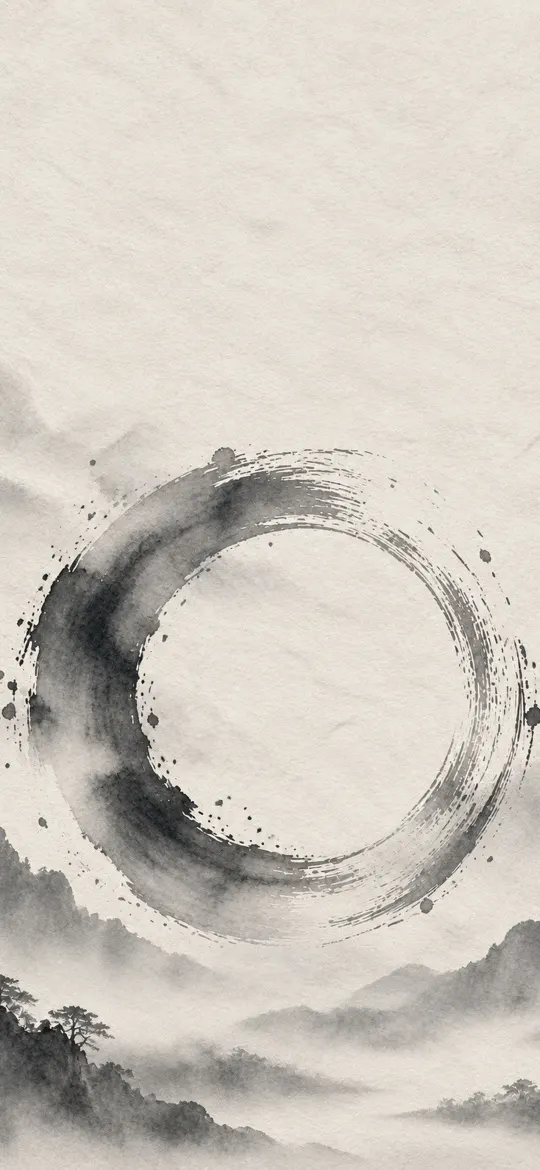 Soft grey ink enso circle above misty ink-wash mountains