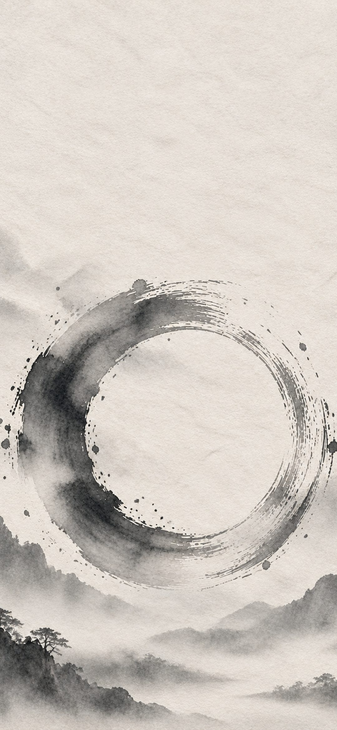 Soft grey ink enso circle above misty ink-wash mountains