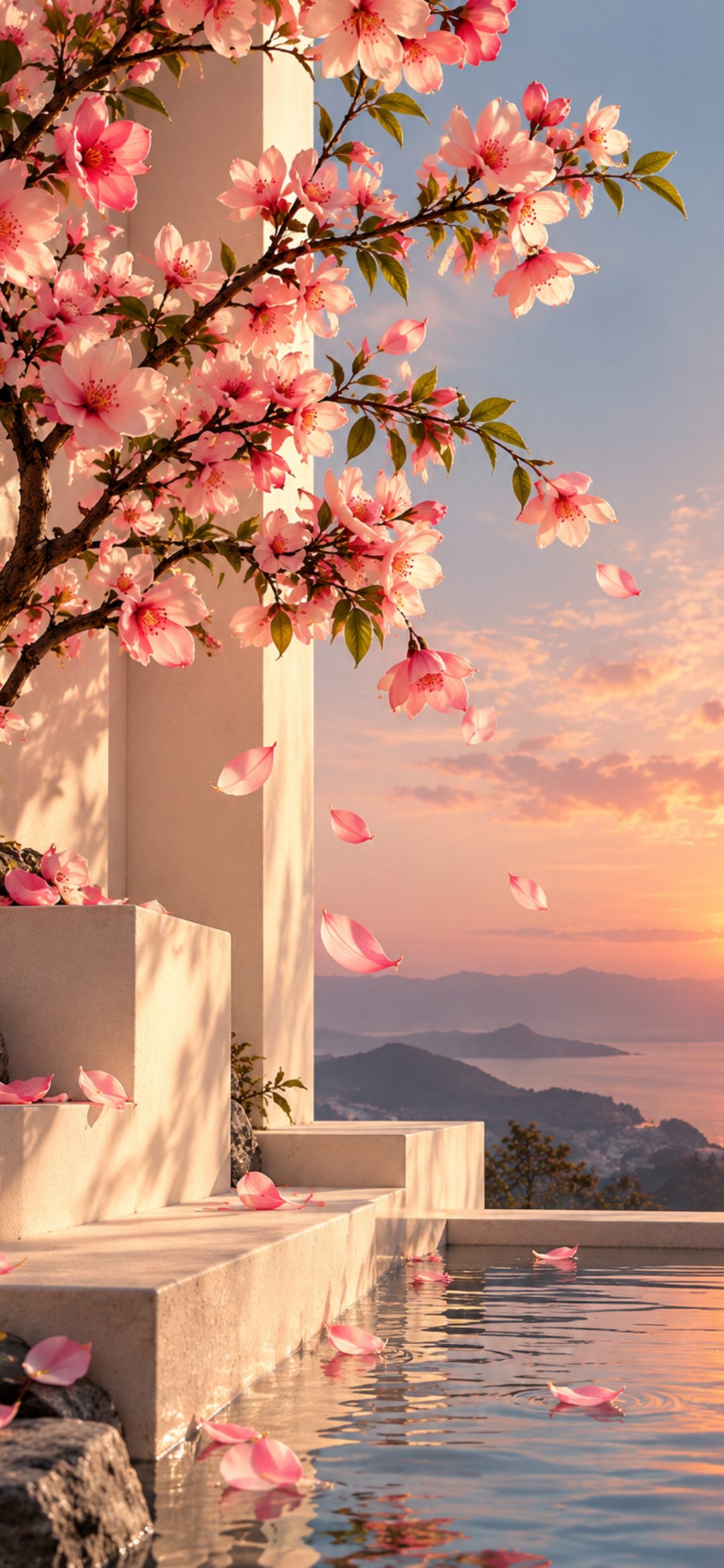 Pink blossom branches over a stone terrace and pool at sunset by the sea