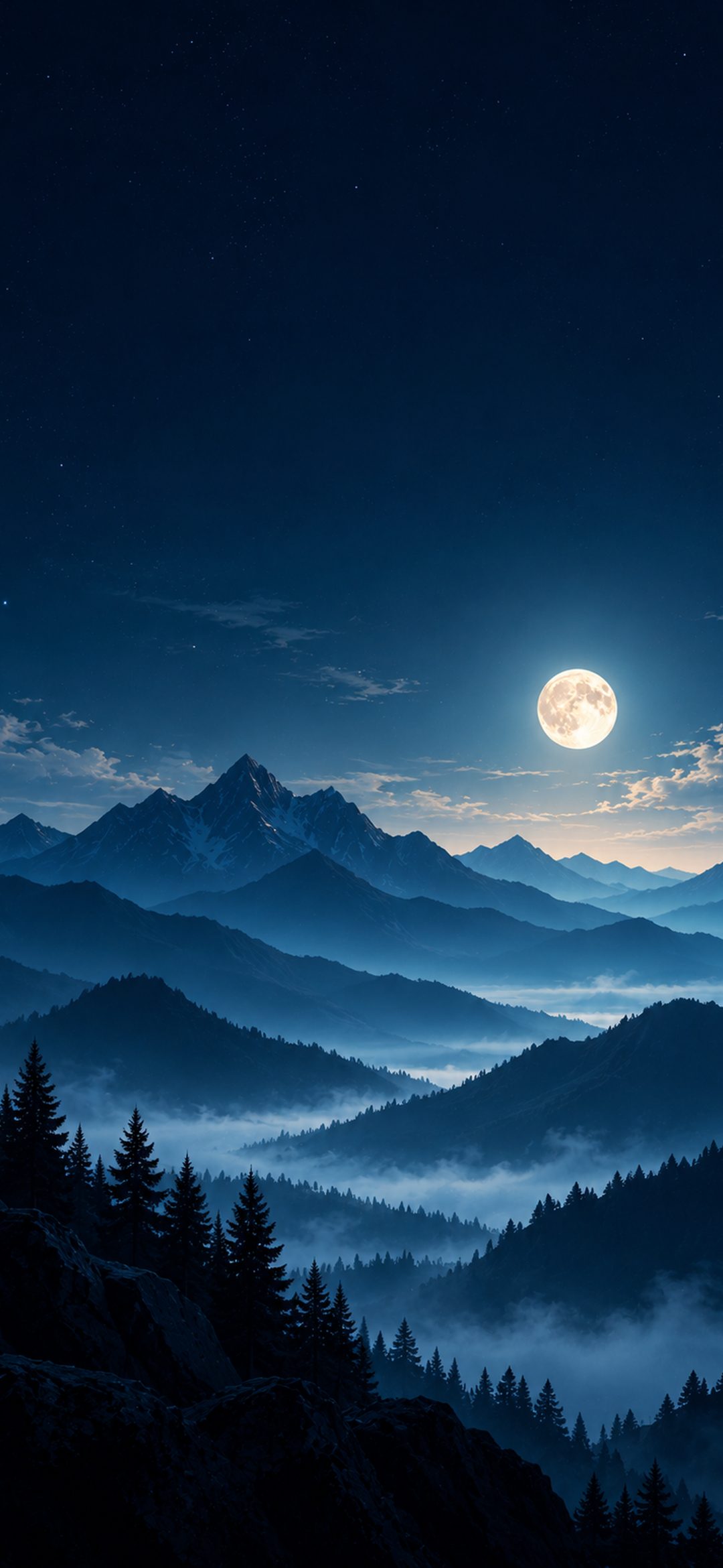 Full moon above layered blue mountains and a misty pine forest at night