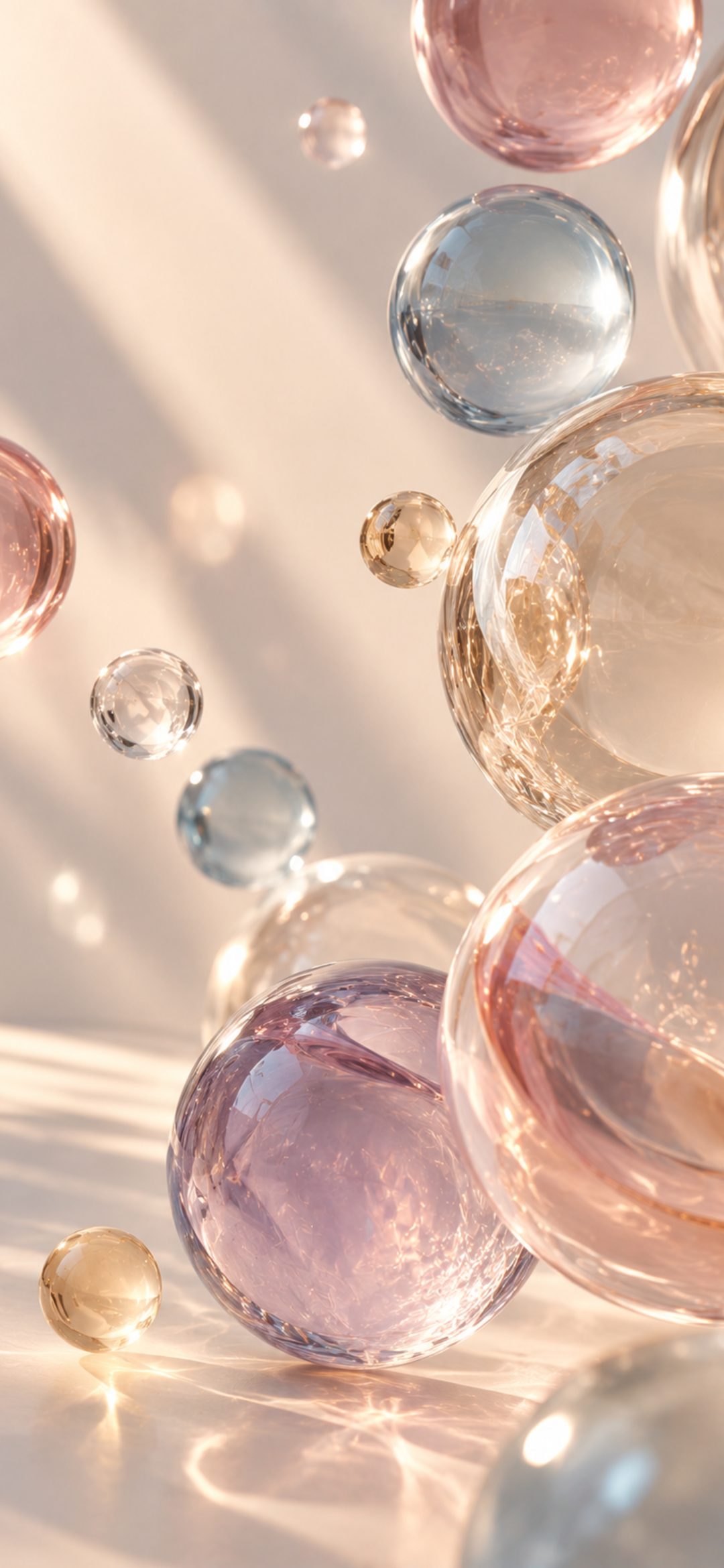 Translucent pink, lavender, blue and amber glass spheres floating in soft sunlight