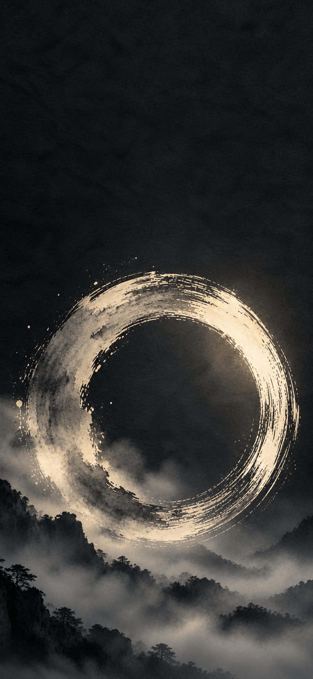 Pale glowing enso circle over a misty mountain forest at night