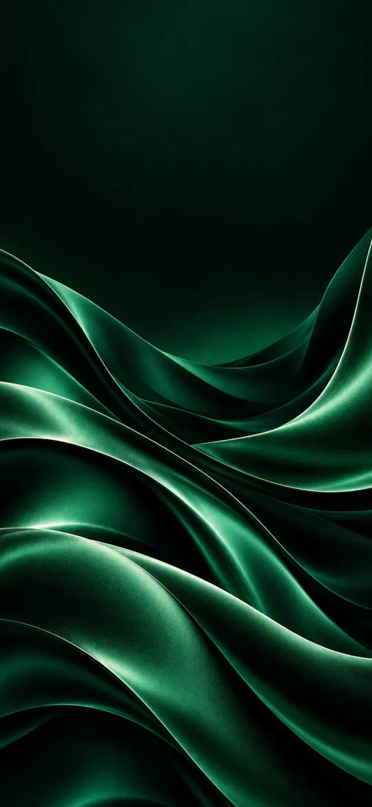 Emerald green satin waves glowing on a dark background