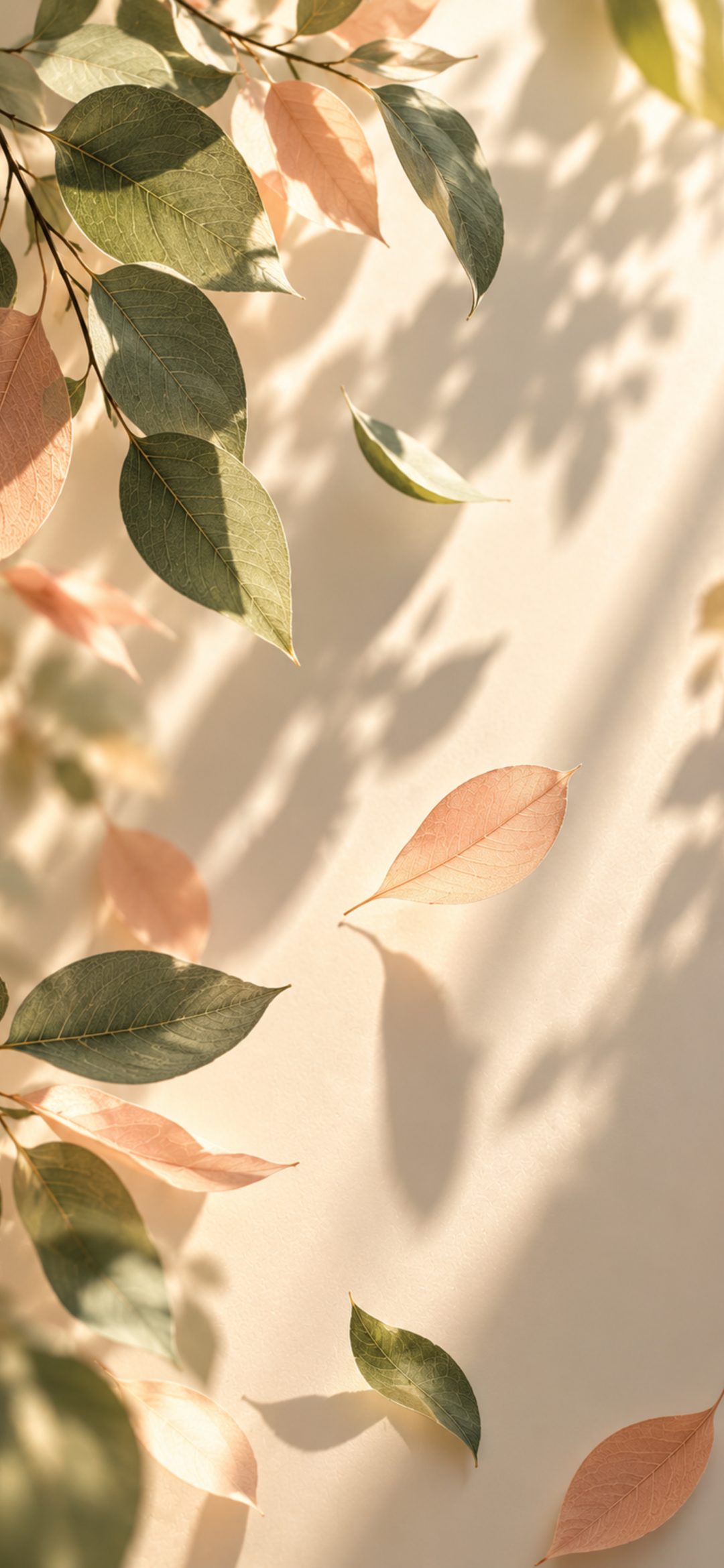 Green and peach leaves on a branch casting shadows on a sunlit cream wall