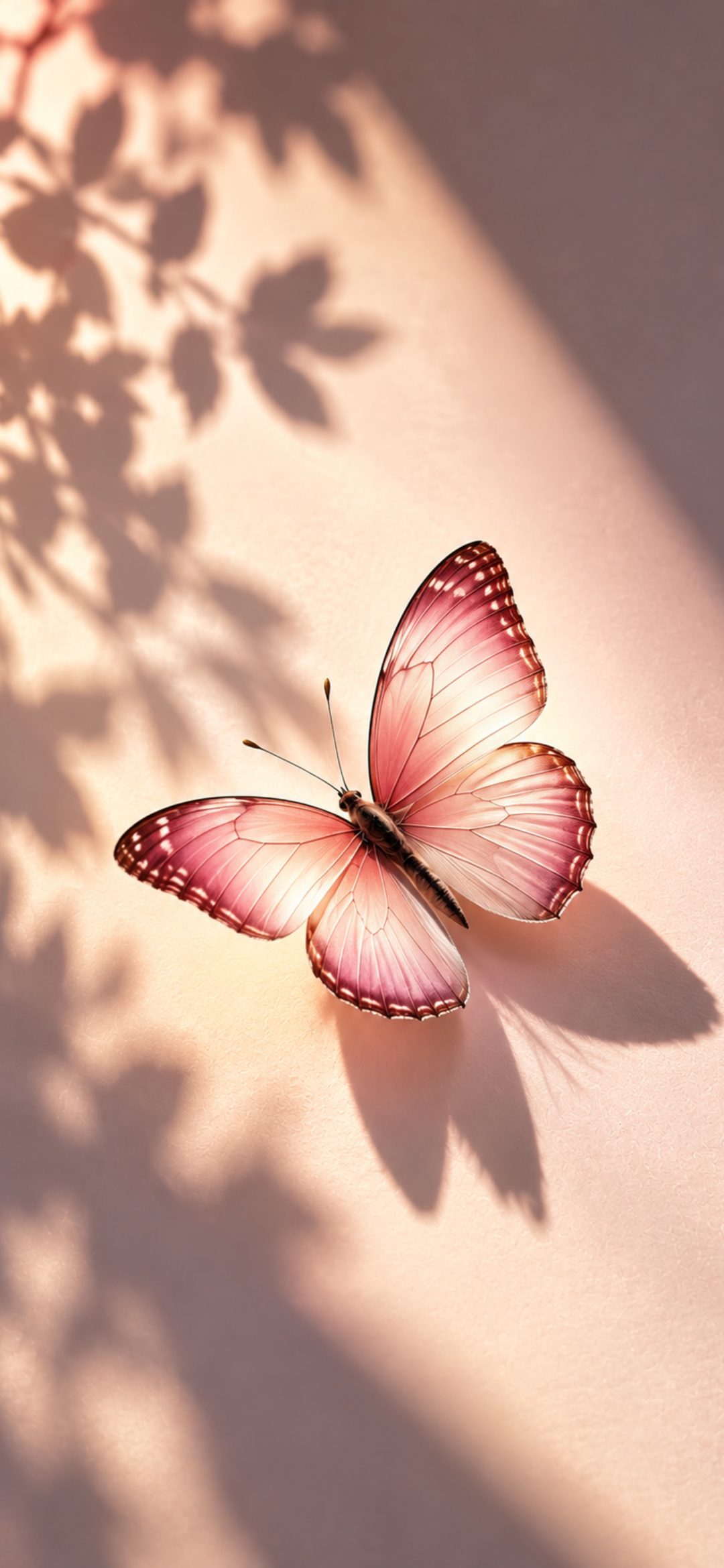 Pink butterfly on a blush wall with leaf shadows in warm sunlight