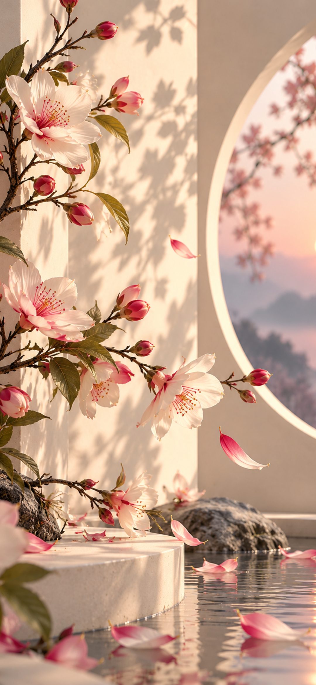 Pink blossom branches beside a round moon gate over still water with petals