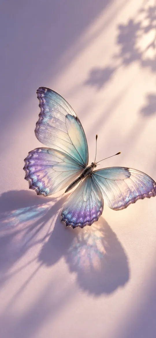 Pale blue and violet butterfly casting a shadow on a sunlit lilac surface