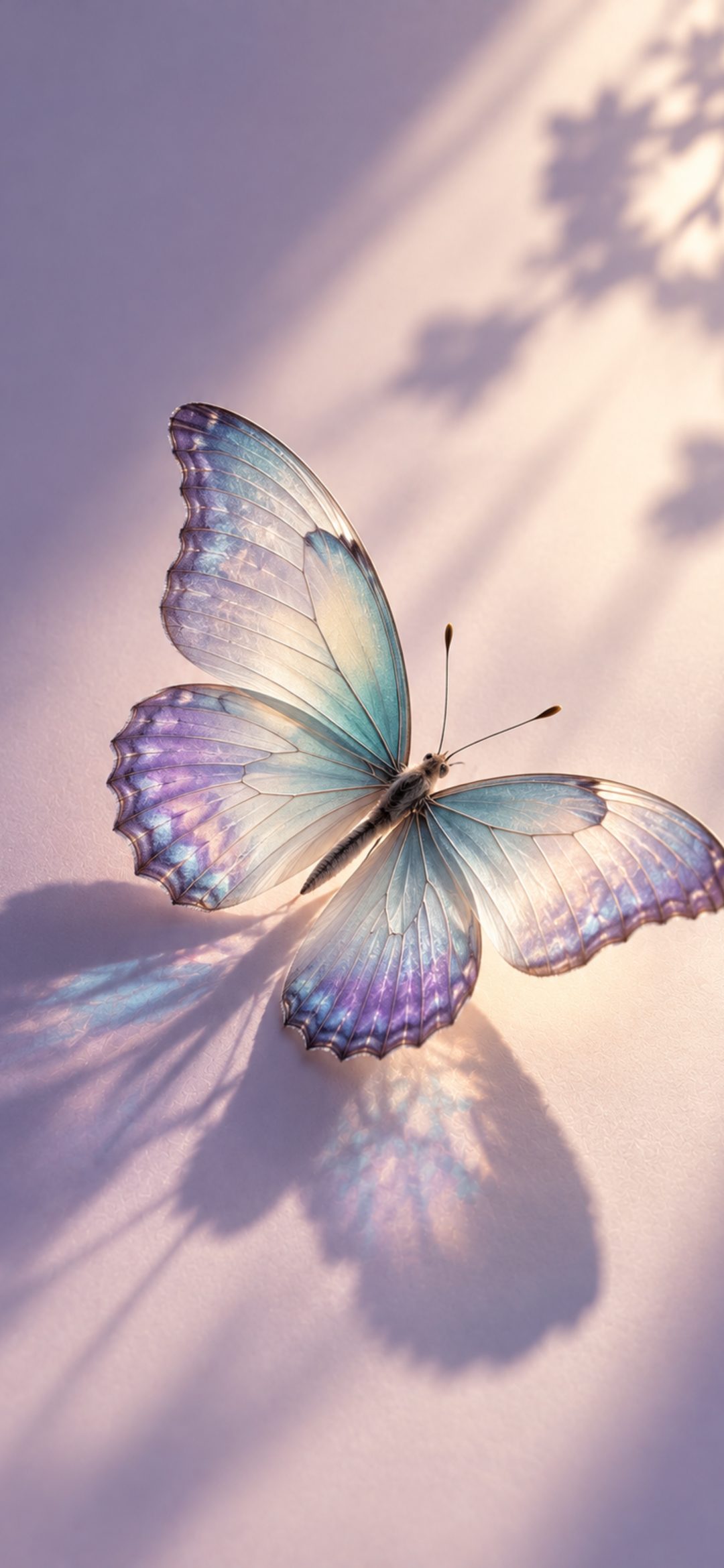 Pale blue and violet butterfly casting a shadow on a sunlit lilac surface