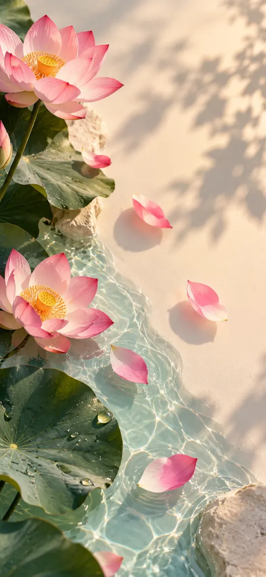 Pink lotus flowers and lily pads beside clear rippling water and floating petals