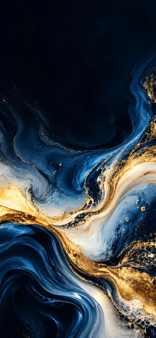 Navy blue, white and gold fluid marble swirl on a dark background