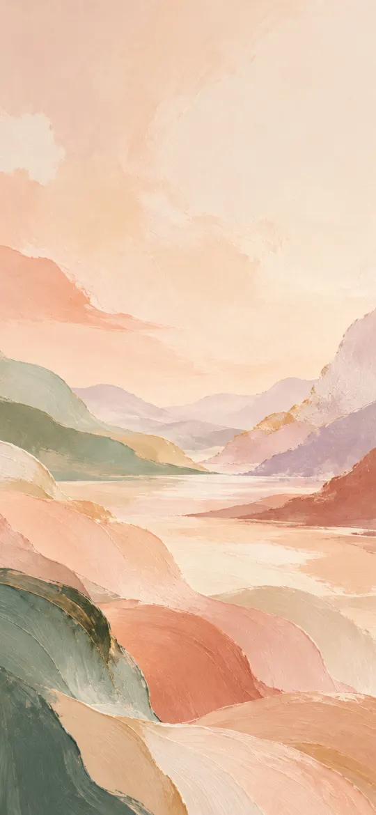 Painted pastel landscape of hills, lilac mountains and a river under a peach sky