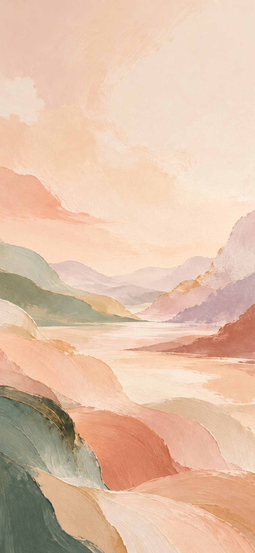 Painted pastel landscape of hills, lilac mountains and a river under a peach sky