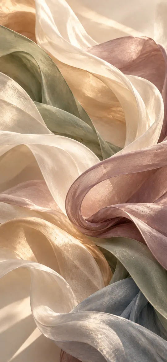 Translucent ribbons of ivory, gold, sage green and dusty rose fabric flowing together