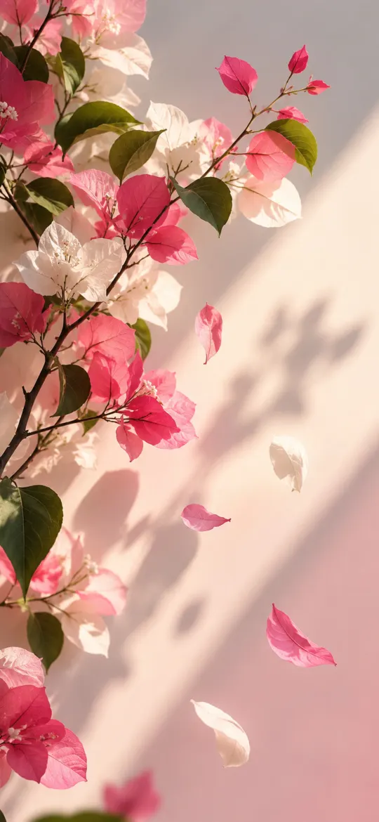 Pink and white bougainvillea flowers with falling petals against a sunlit blush wall