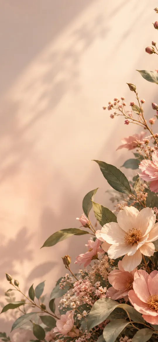 Peach and pink flowers with green leaves in a corner against a peach wall