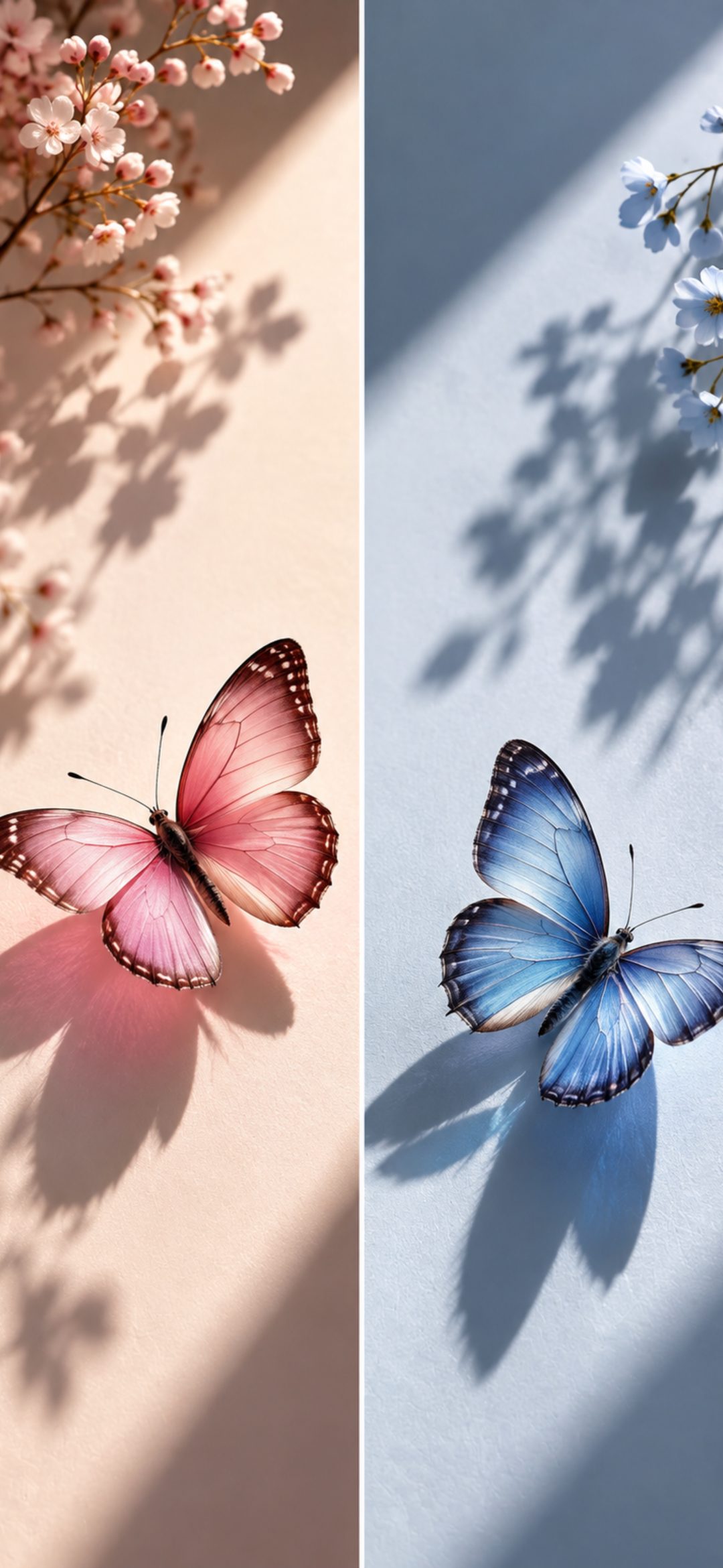 Pink and blue butterflies on split pink and pale blue backgrounds with flower shadows