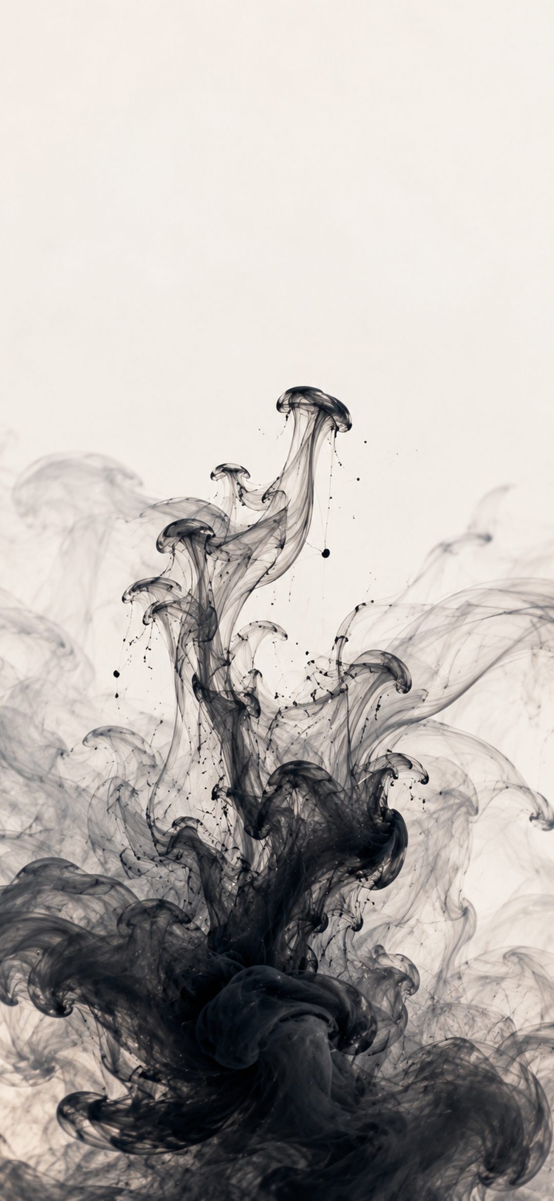 Abstract black sumi ink dispersing into delicate grey tendrils against an off-white background