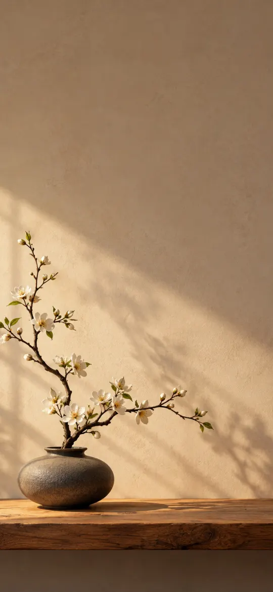 Minimalist Japanese ikebana arrangement in a ceramic vase against a beige wall with soft sunlight