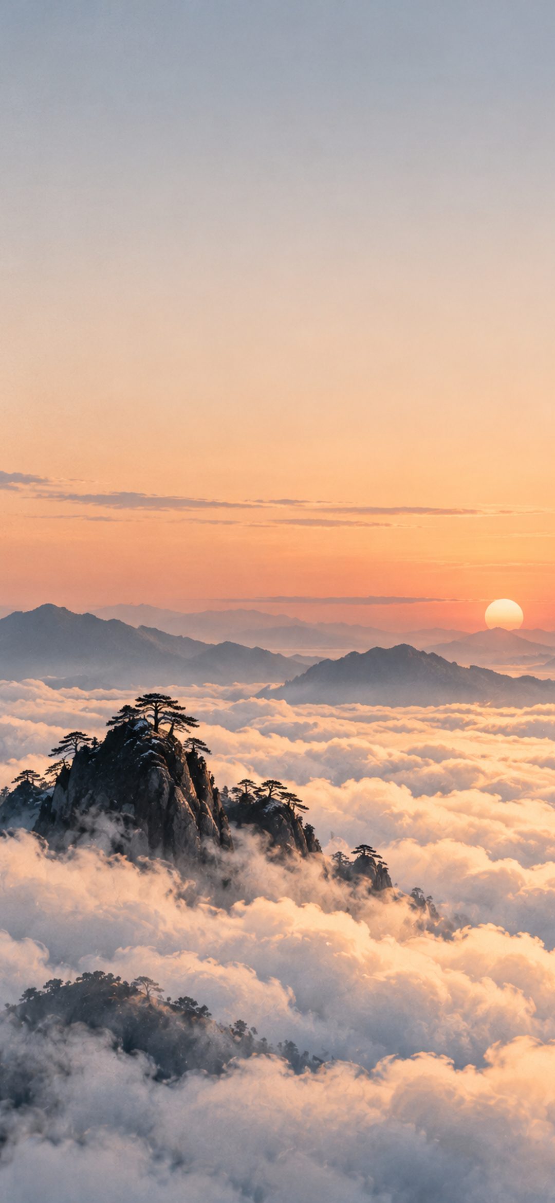 Rocky peak with pine trees rising above a sea of clouds at sunset