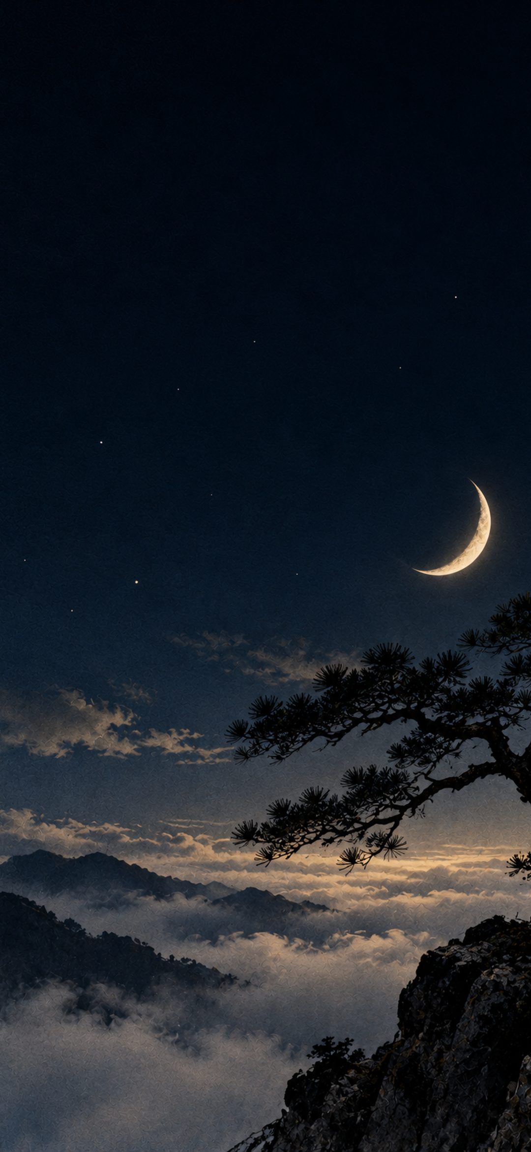 Crescent moon over a pine tree on a cliff above the clouds at night